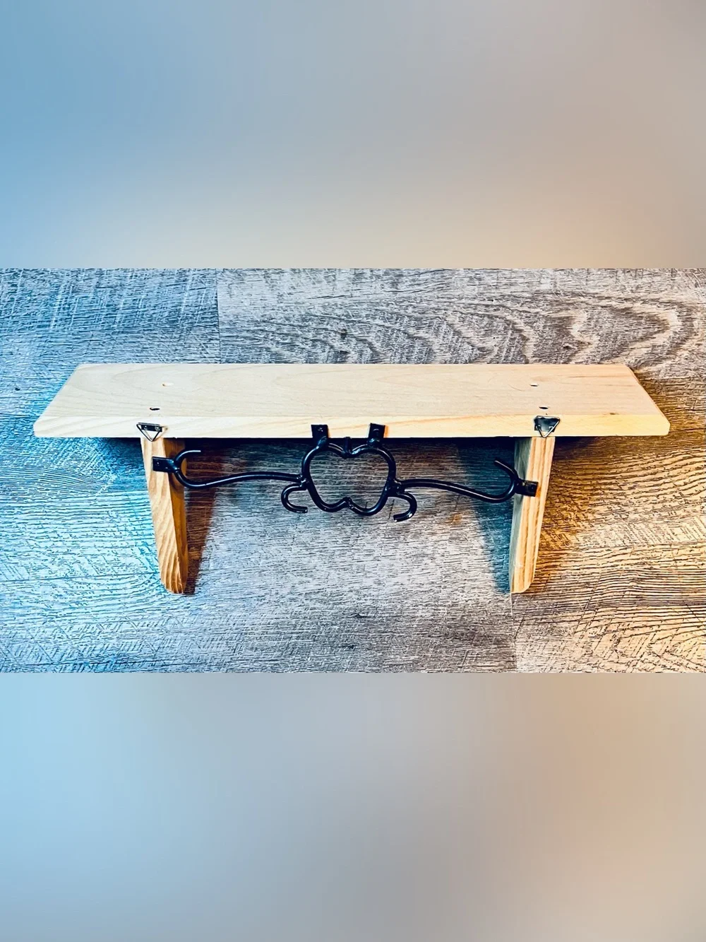 Rustic Wood Wall Shelf Apple Metal Hooks Farmhouse Country Decor